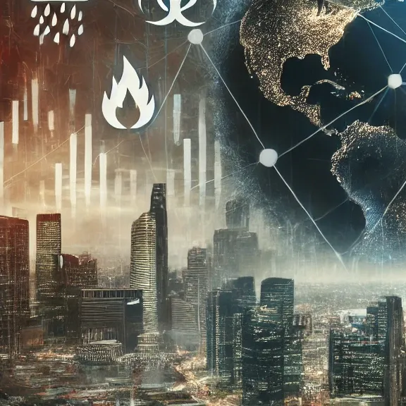 City scape with earth on background linked with icons of various dangers such as fire, storms and biological weapons